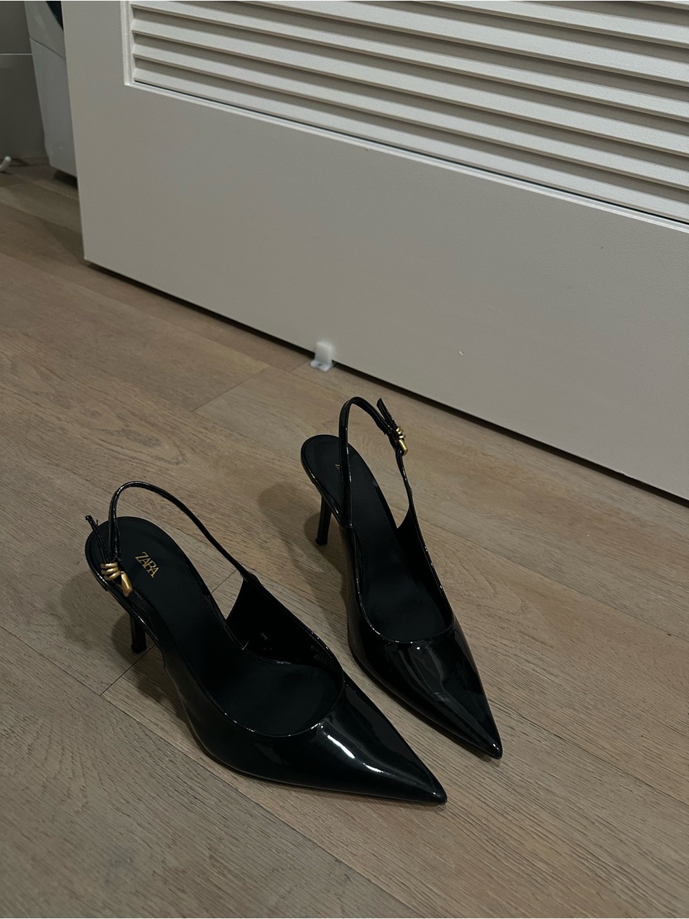 Zara Black Patent Pointed Slingback Heels with Gold Buckle